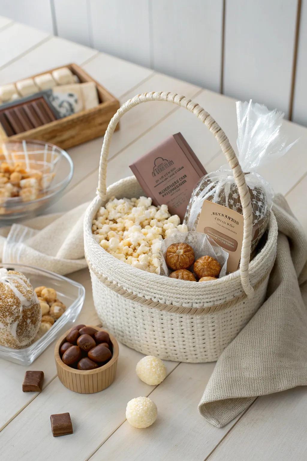 Elevate your cozy nights with a themed candy basket that blends minimalist elegance with boho charm.
