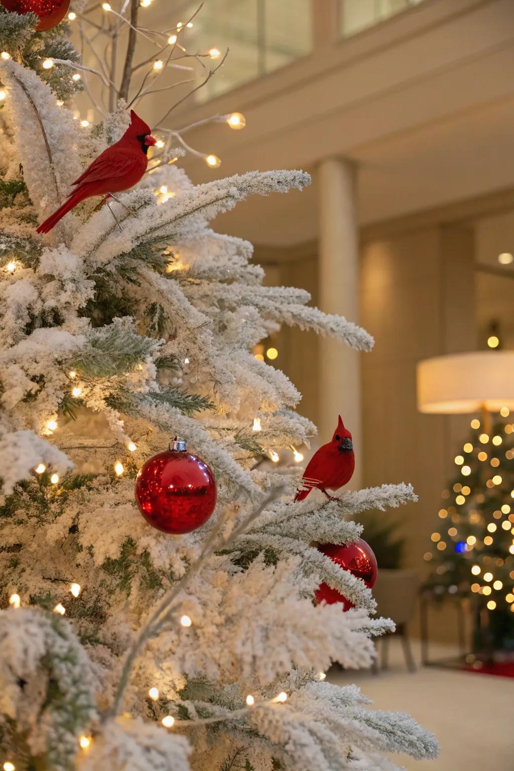 Snow-dusted tree with vibrant cardinals.