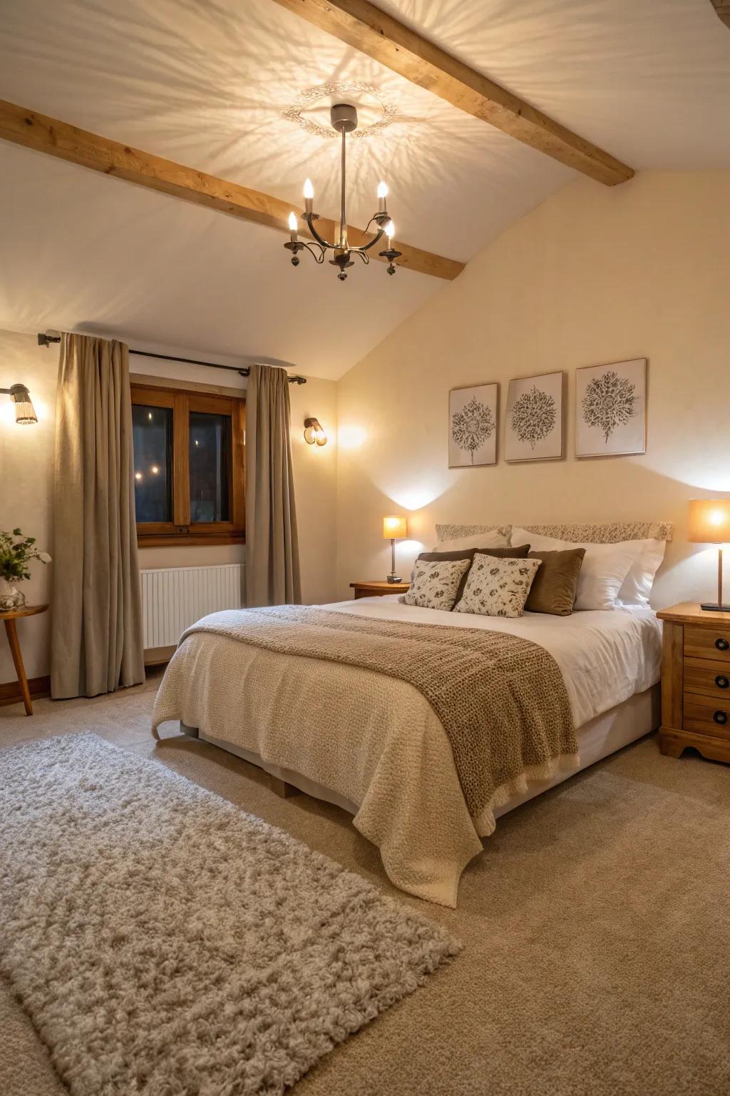 A bedroom oasis with a plush, neutral carpet.