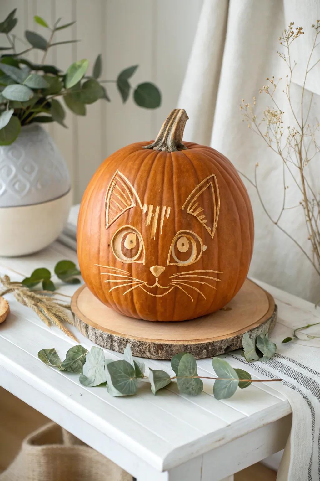 Embrace the playful charm of autumn with this Curious Kitten pumpkin carving, where artistry meets natural beauty.