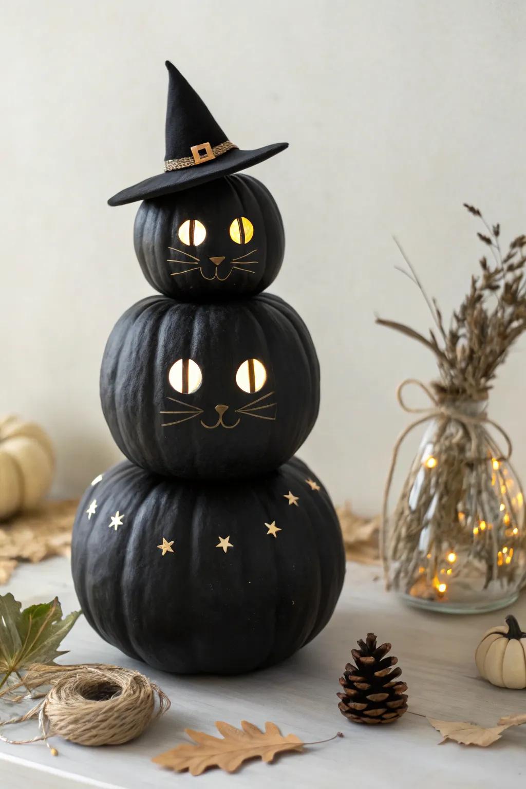 Elevate your Halloween decor with a chic stacked black cat silhouette, perfect for a minimalist touch of magic!
