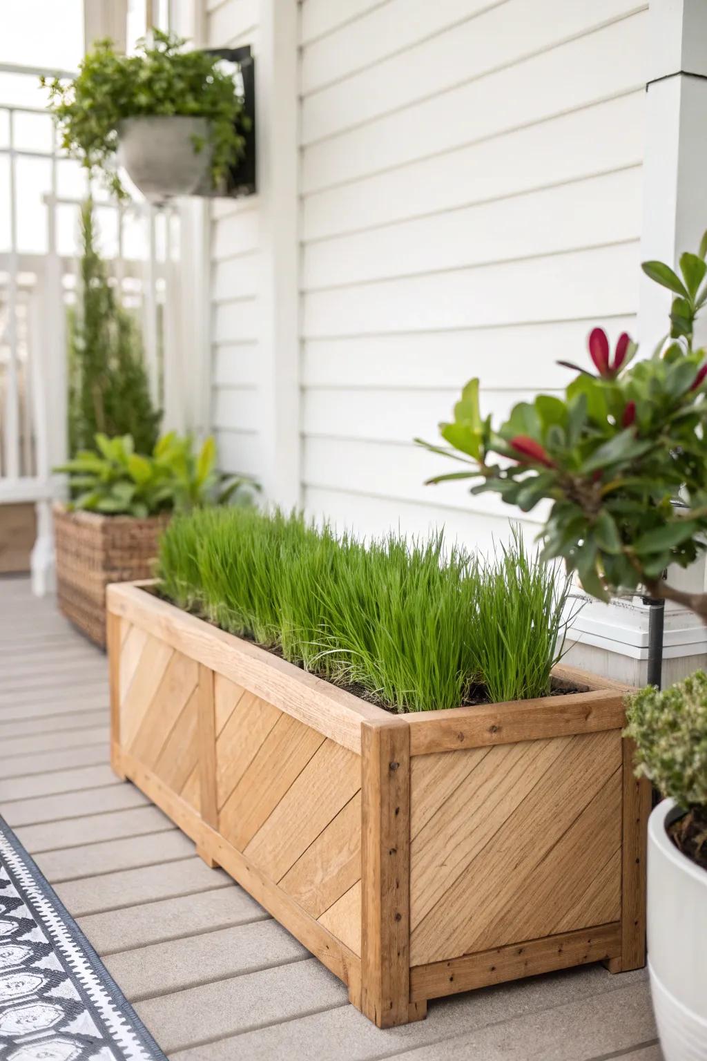 Embrace nature in your catio with lush grass and safe plants for a serene and stylish retreat.