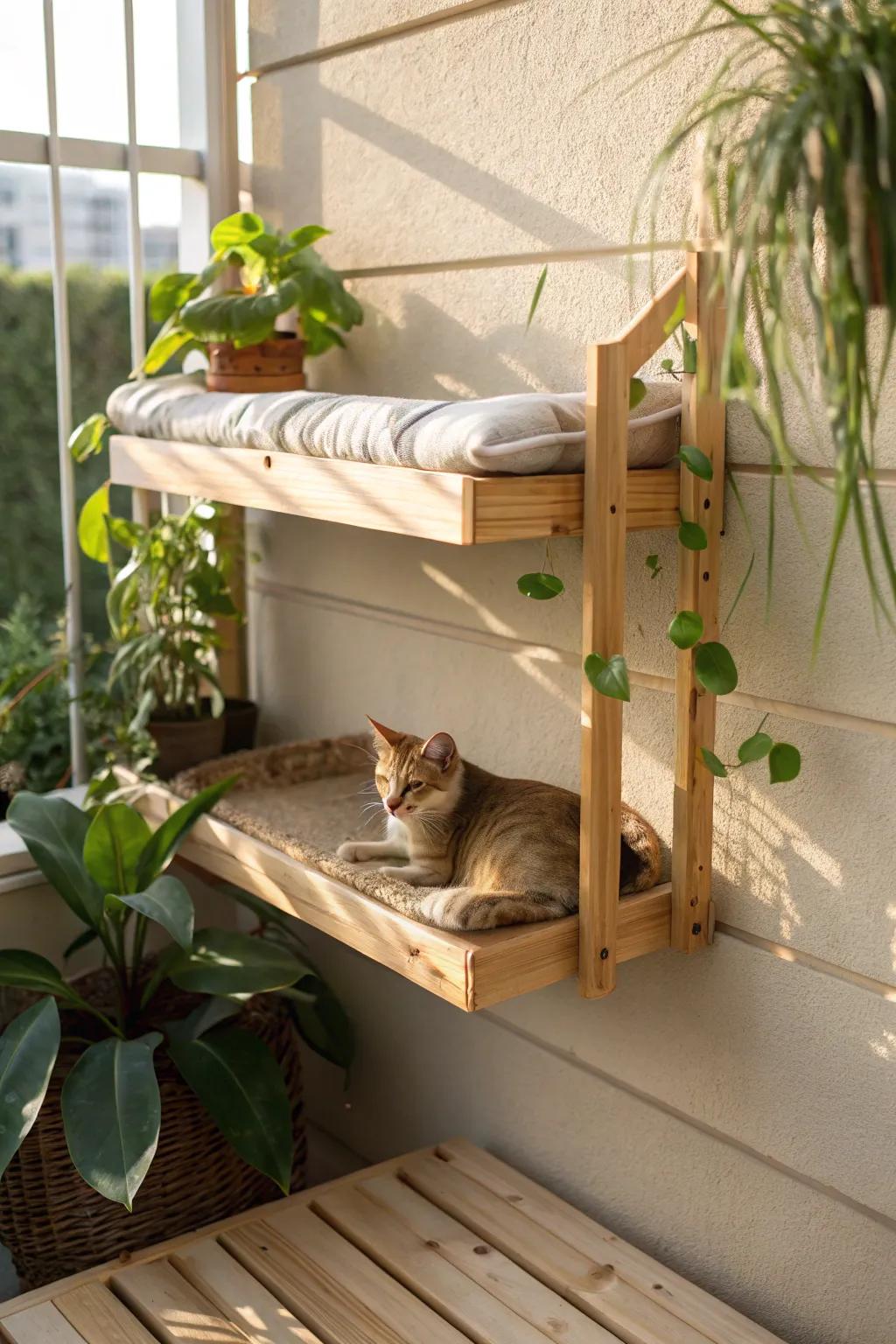 A serene sunbathing spot for your feline friend, where minimalist design meets natural beauty.
