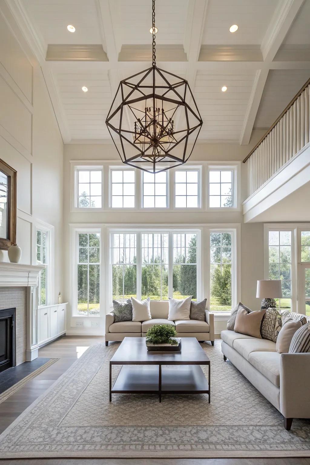 A modern minimalist living room featuring a geometric chandelier.