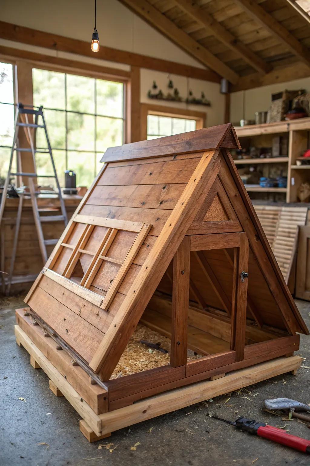 Crafted with precision: a sturdy A-frame chicken roost that blends simplicity with durability.