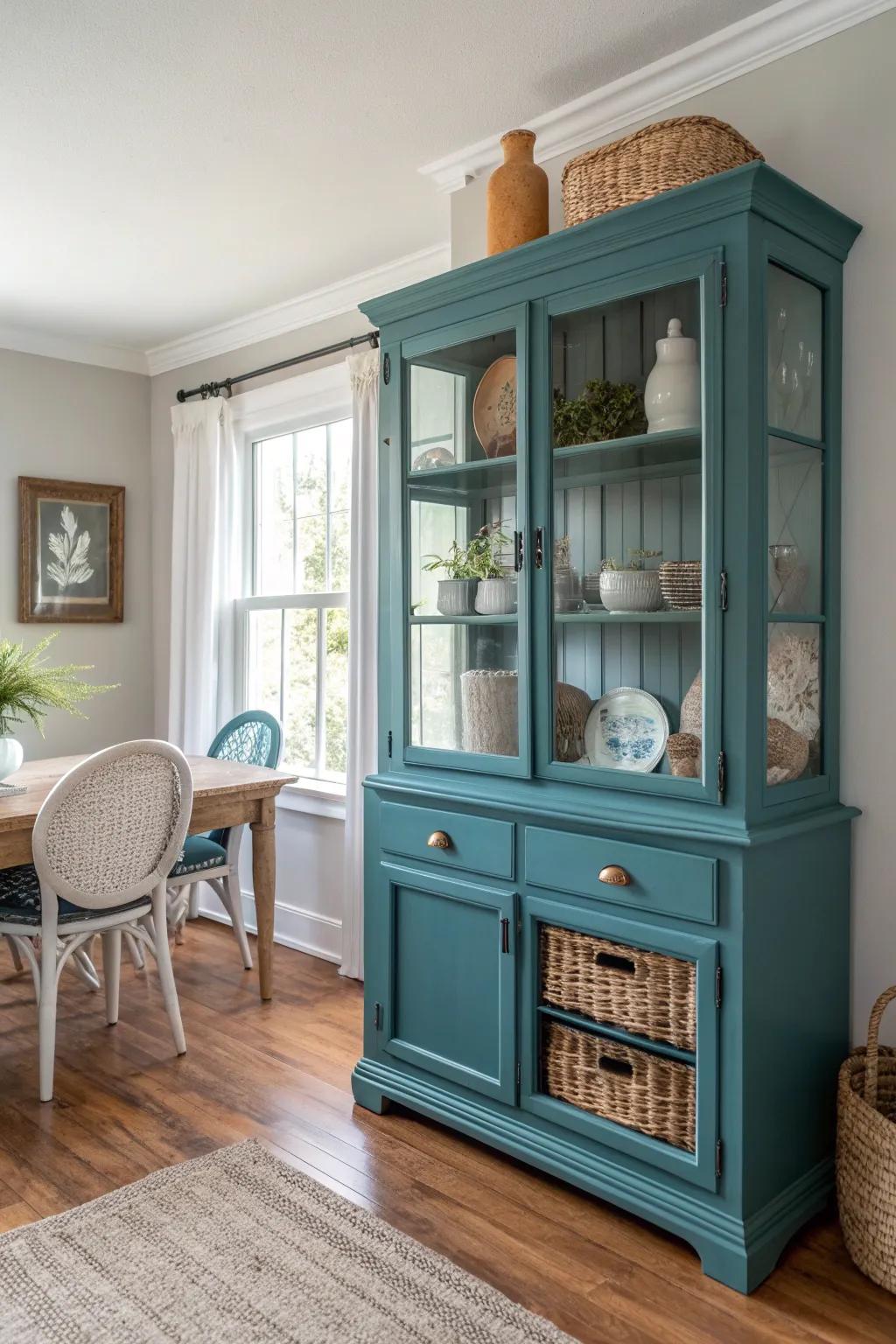 Transform your space with a bold teal china cabinet – where minimalism meets vibrant artistry.