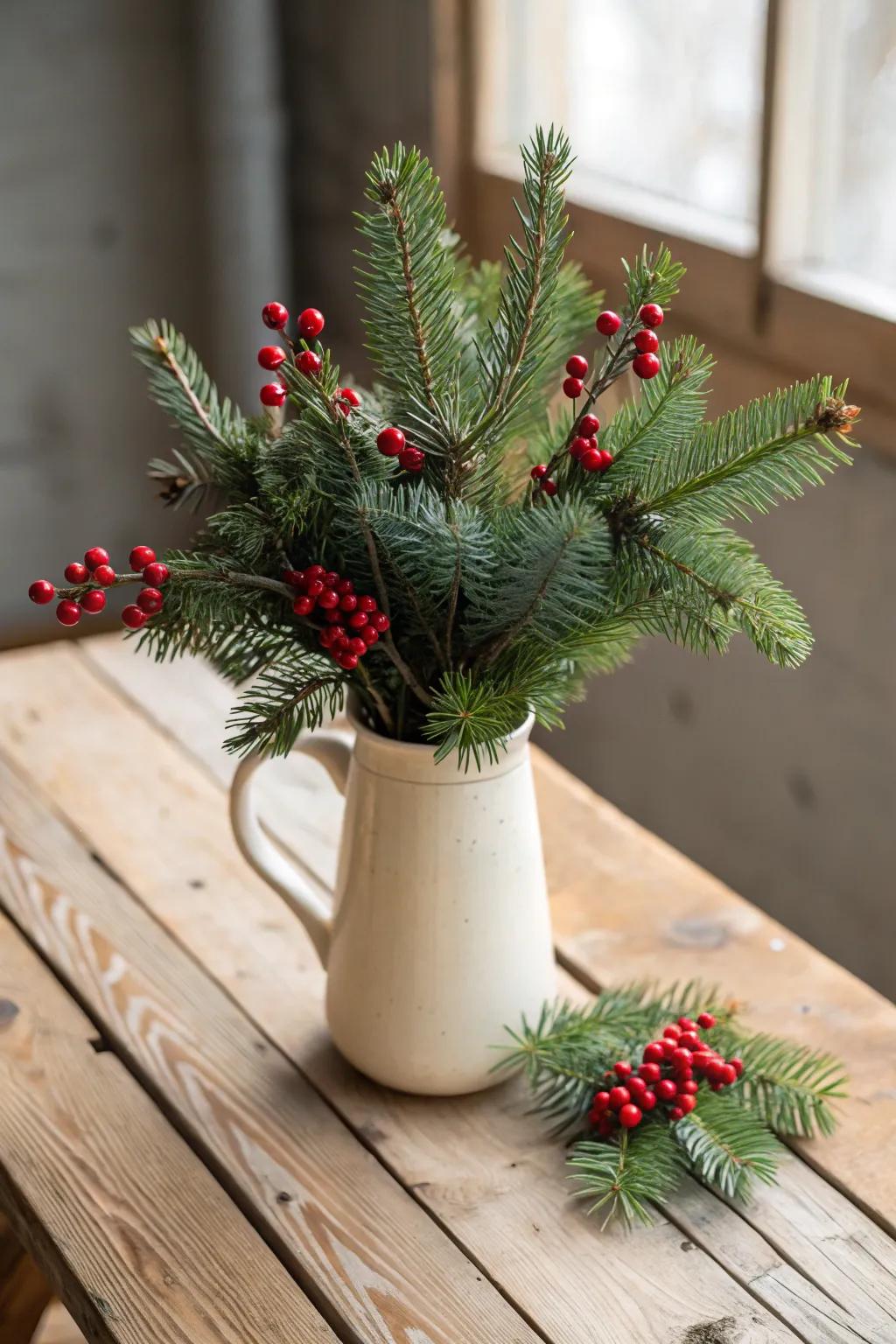 Rustic charm with pine branches and red berries for a festive touch.