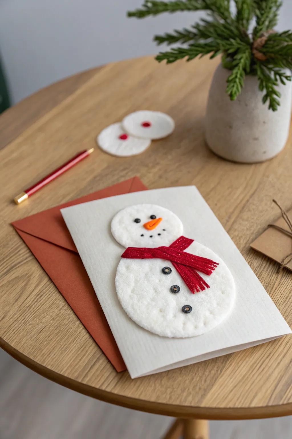 Bring a touch of snowy magic indoors with this charming cotton wool pad snowman card!
