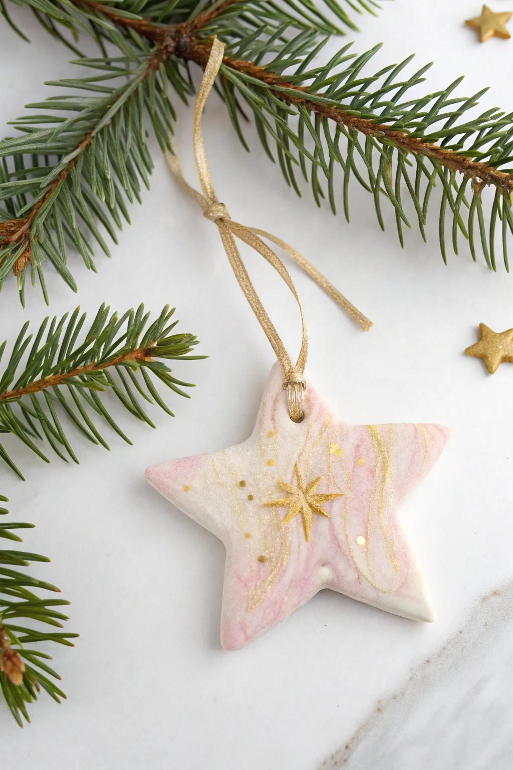 Handcrafted charm: A minimalist salt dough star ornament, perfect for adding a touch of personal elegance to your Christmas tree.
