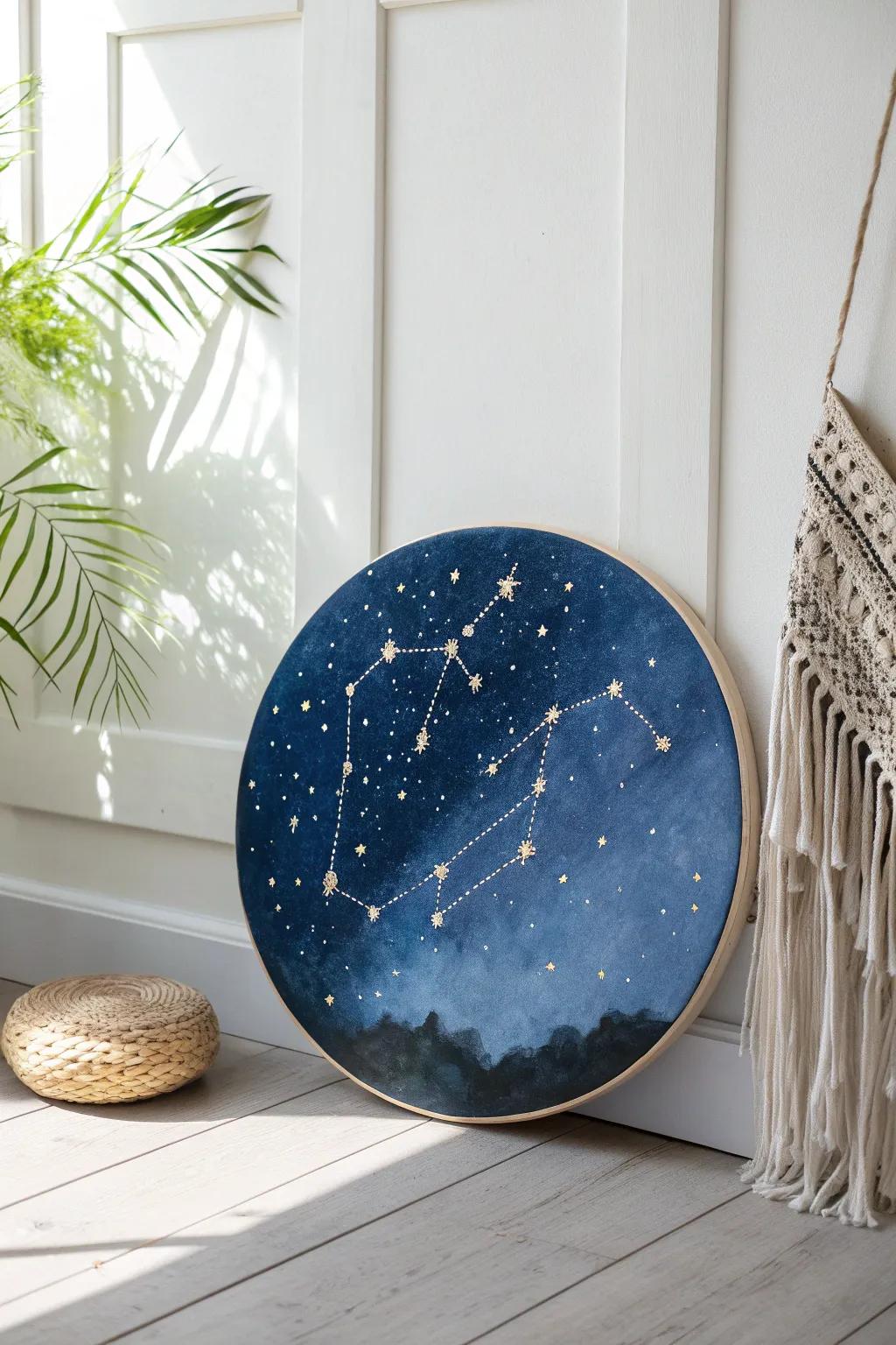 Embrace the universe with this starry night circle painting—a window to the cosmos in your home.