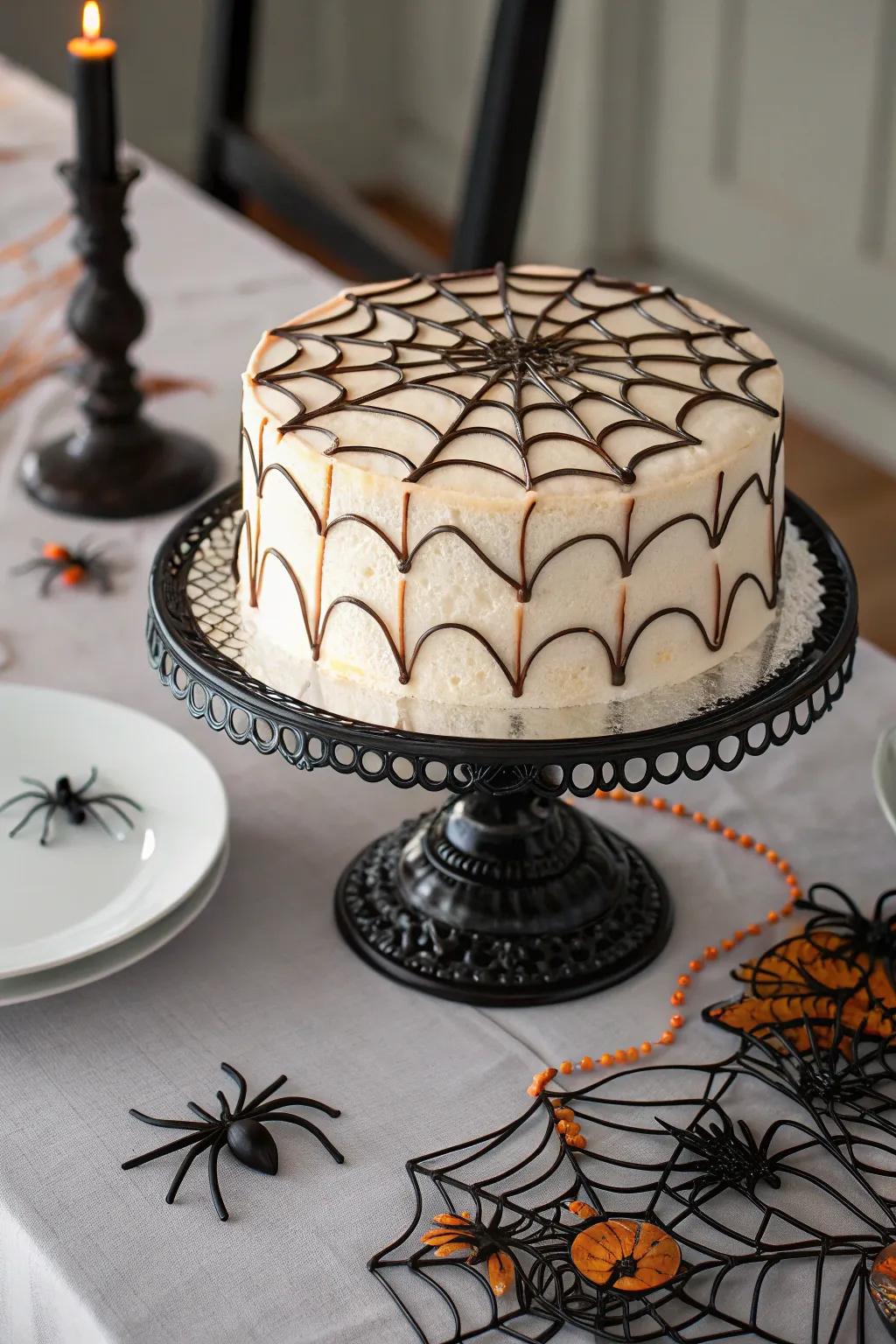 An elegant cake with a delicate spider web pattern adds subtle Halloween charm.