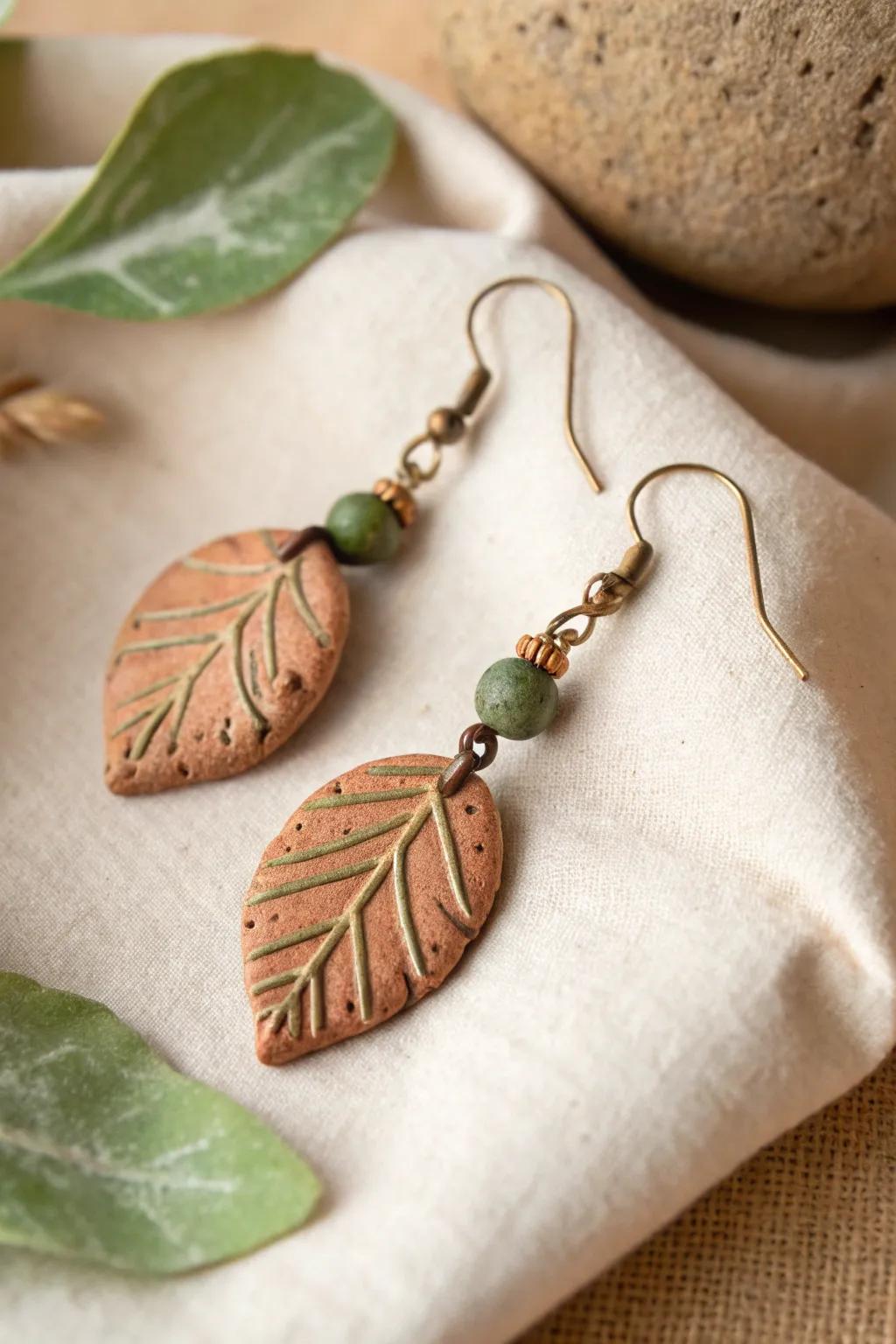 Embrace nature's elegance with these handcrafted leaf-shaped clay bead earrings, perfect for a minimalist look.