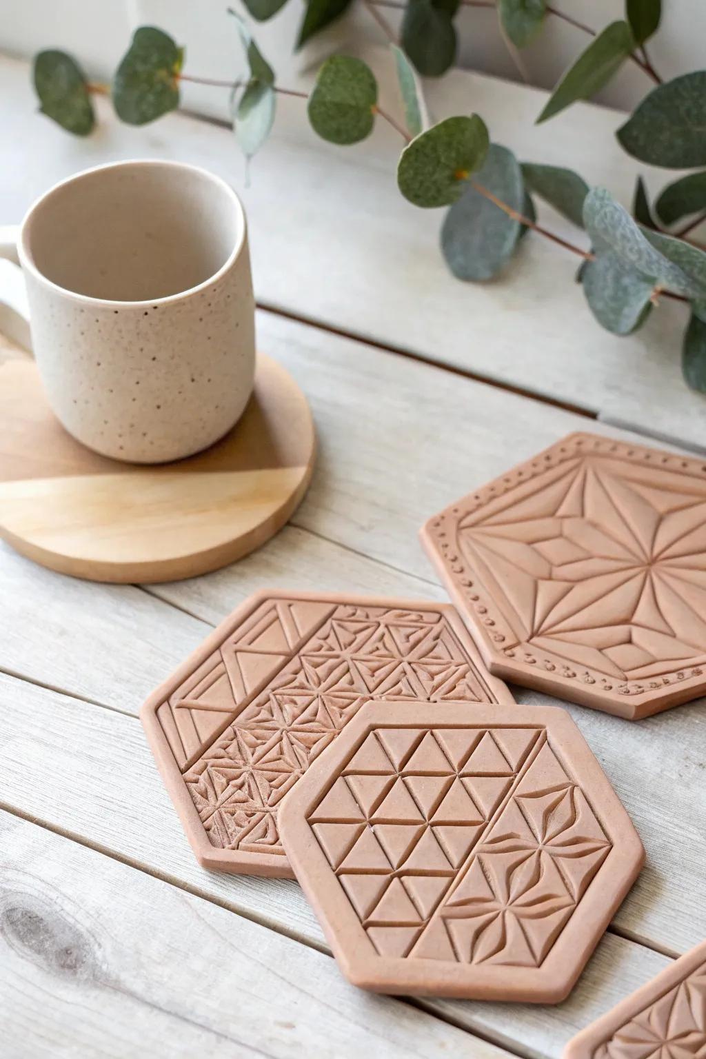 Elevate your table setting with these chic geometric clay coasters—where modern design meets natural elegance.