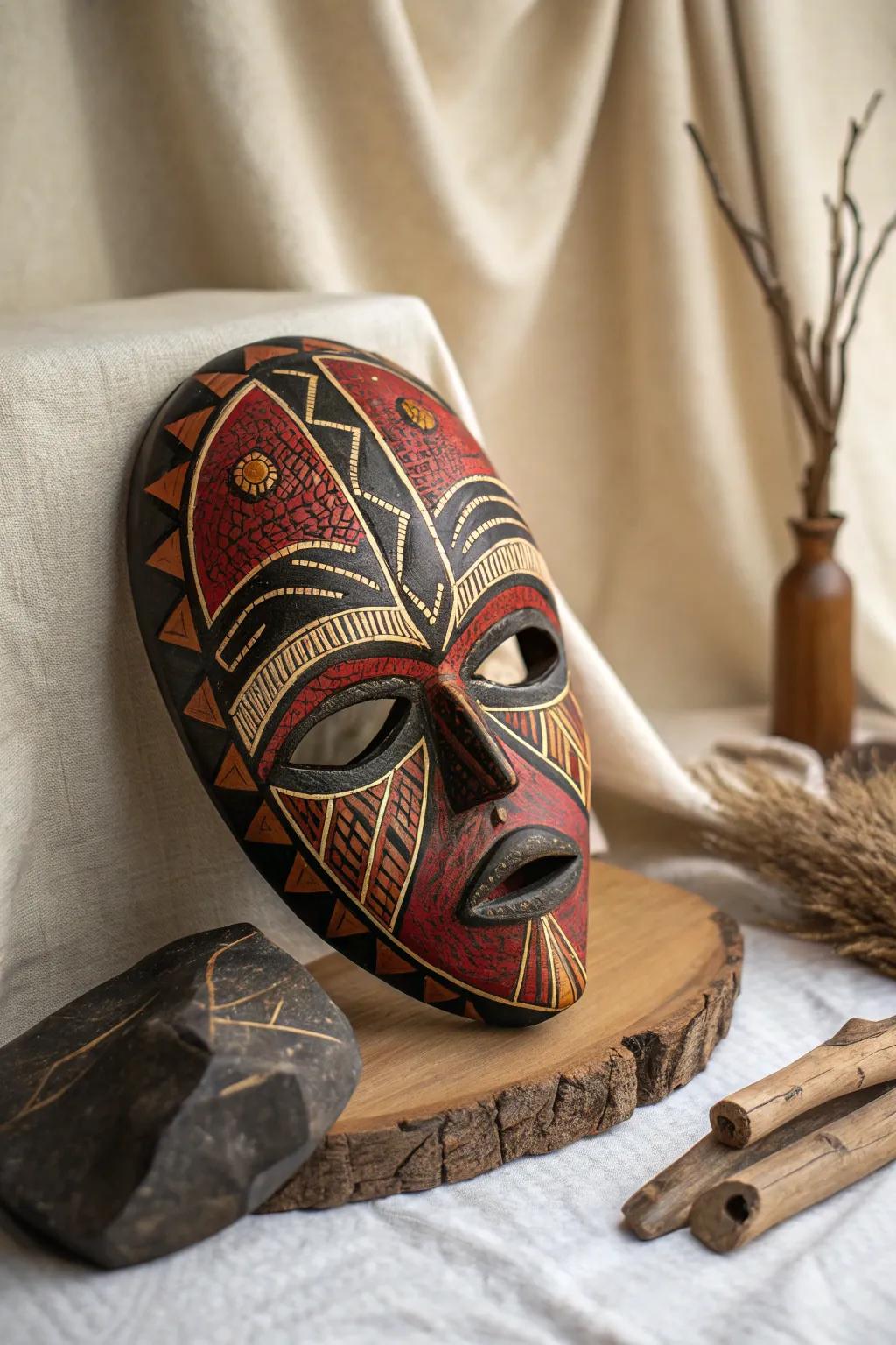 Embrace the beauty of heritage with intricately patterned tribal masks.