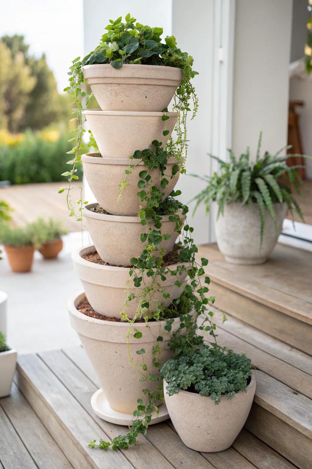 Elevate your patio with the natural beauty of a stacked clay pot tower.