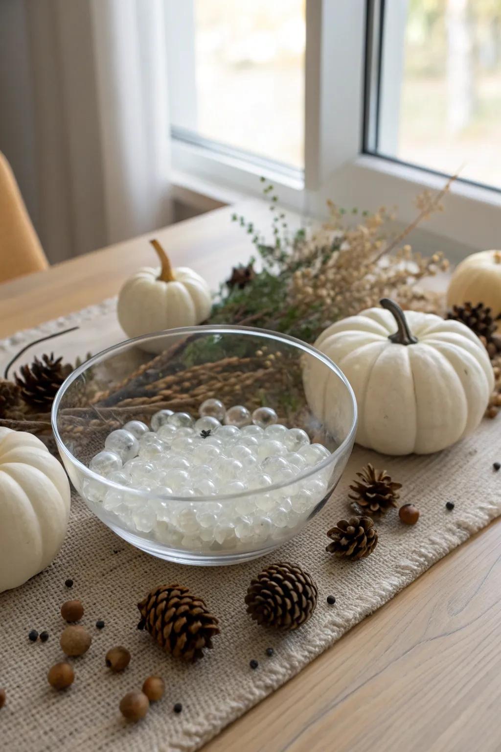 Elevate your seasonal decor with a touch of minimalist elegance using clear Orbeez and natural elements. 🌿✨