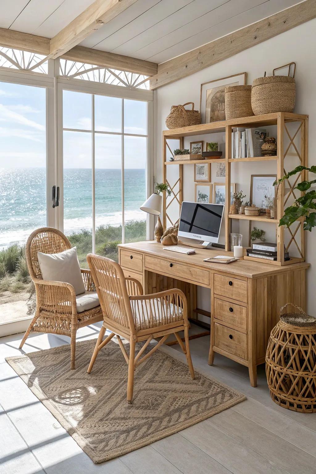 Natural materials like wood and rattan create a relaxed, beachy vibe.