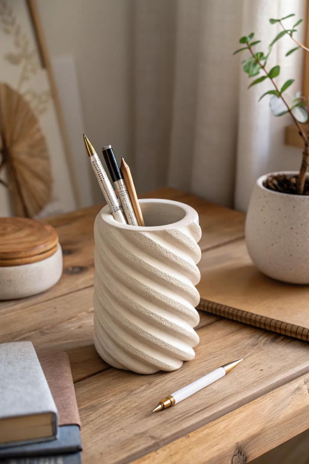 Elevate your workspace with a handcrafted clay pen holder that combines functionality with minimalist artistry.