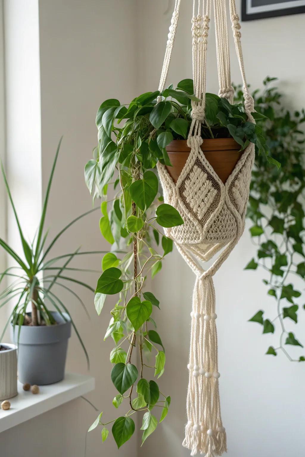 Transform your space into a green oasis with a handmade knit plant hanger. Simple, stylish, and sustainable.