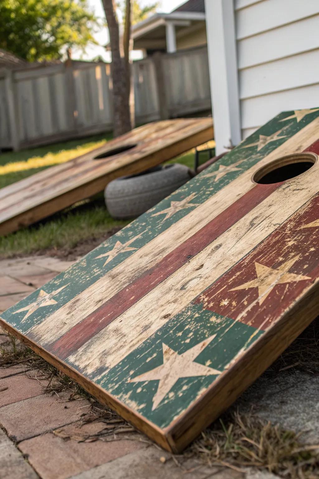 Embrace rustic charm with a cornhole board that adds farmhouse flair to your outdoor games.