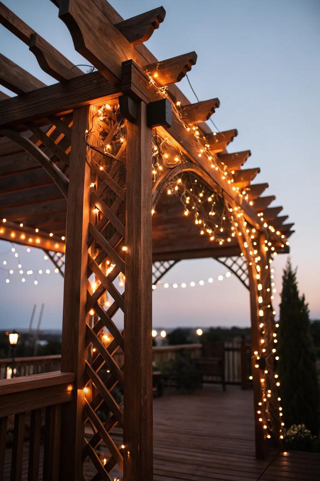 Transform your deck into an enchanting retreat with the simple elegance of string lights.