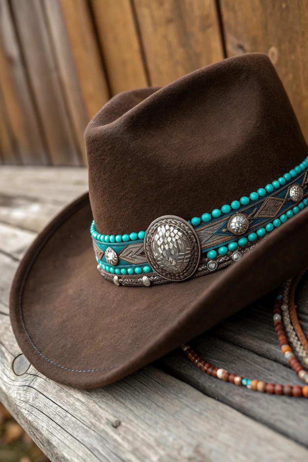 Elevate your cowboy hat style with a touch of turquoise and timeless conchos.
