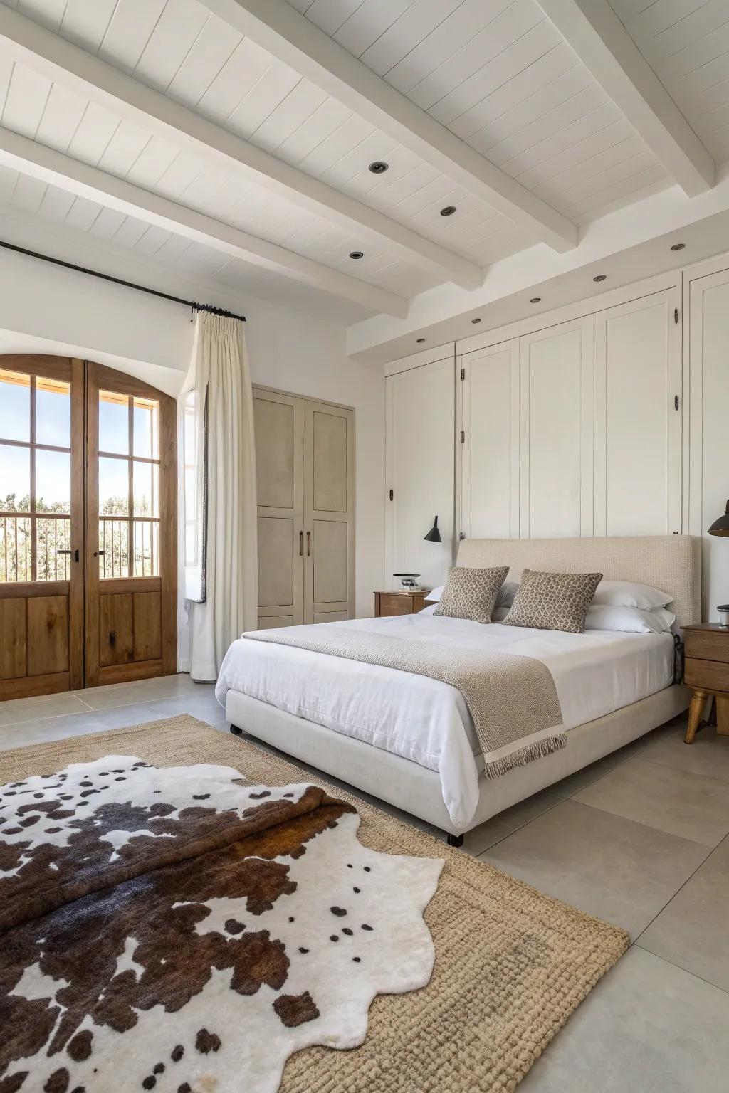 Minimalist bedroom with a cowhide rug adding subtle texture.