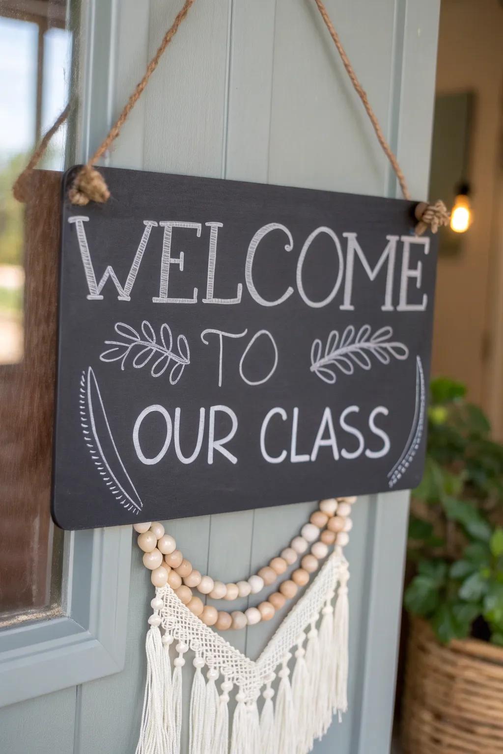 Welcome with Style: Elevate your classroom with this chic chalkboard vinyl sign, blending minimalist elegance with a bohemian touch.