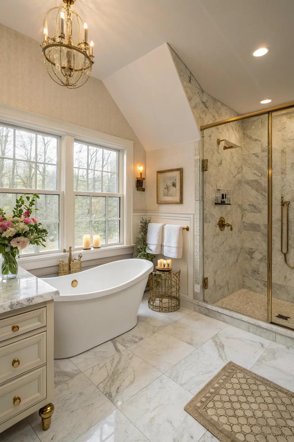 A spa-like master bathroom with a freestanding tub and walk-in shower.