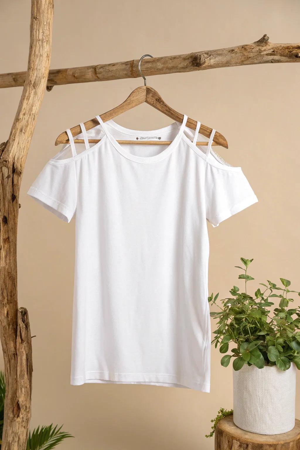 Transform your tee with a chic cold shoulder cut for a touch of effortless style.