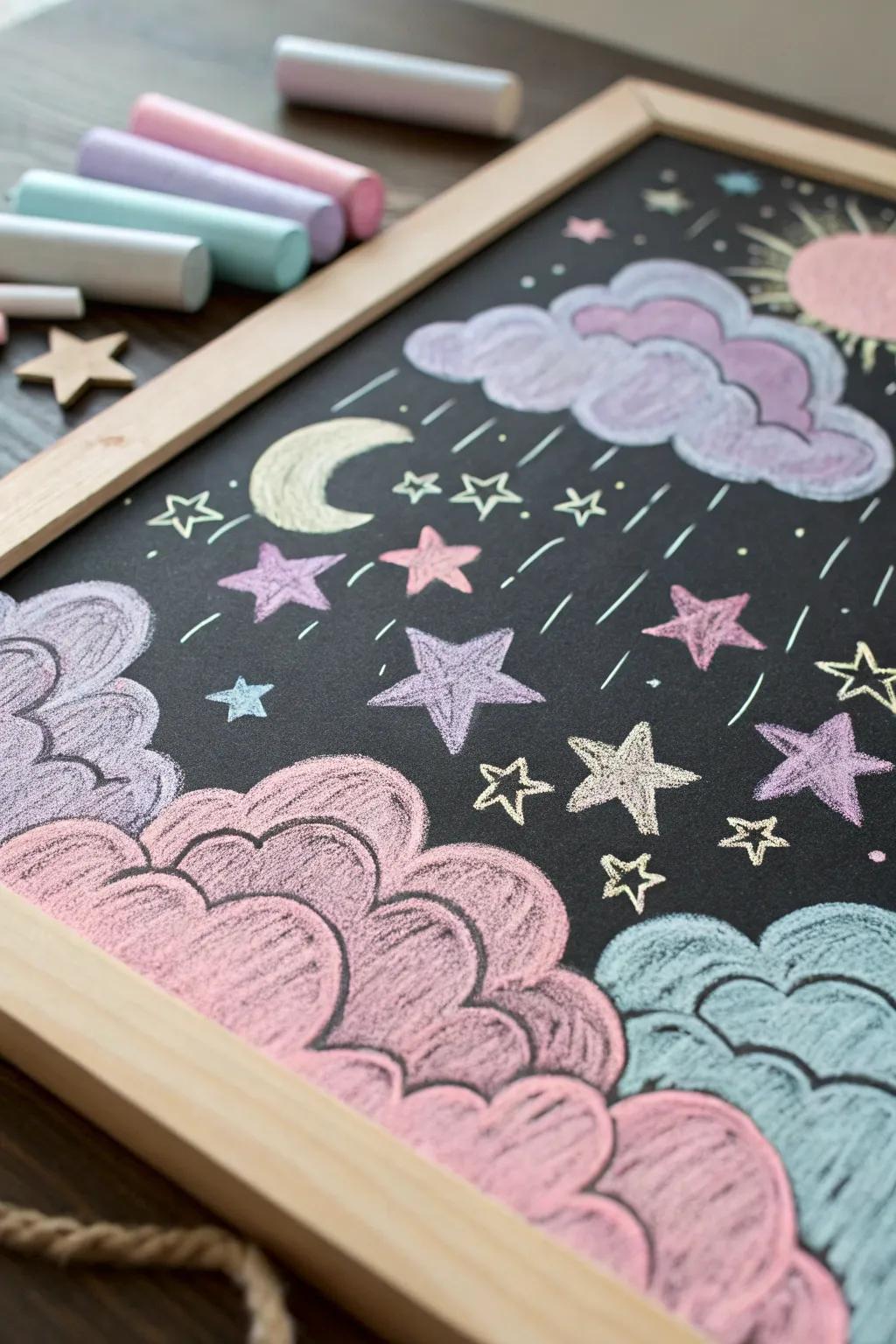 Discover the magic of pastel chalk art with this dreamy cloudscape, perfect for adding a touch of whimsy to your space.