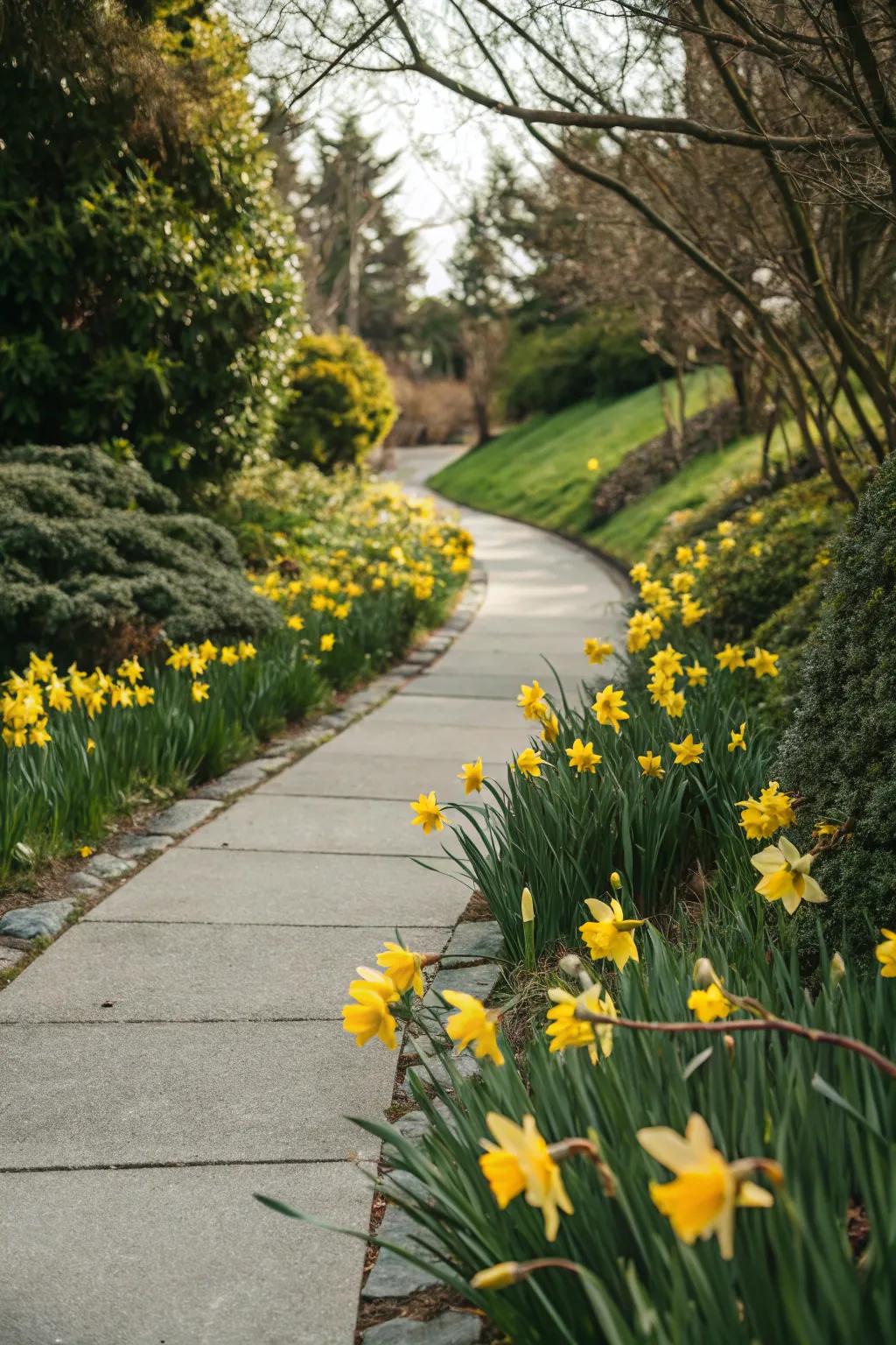 Welcome spring with a golden daffodil pathway, where simplicity meets natural beauty.