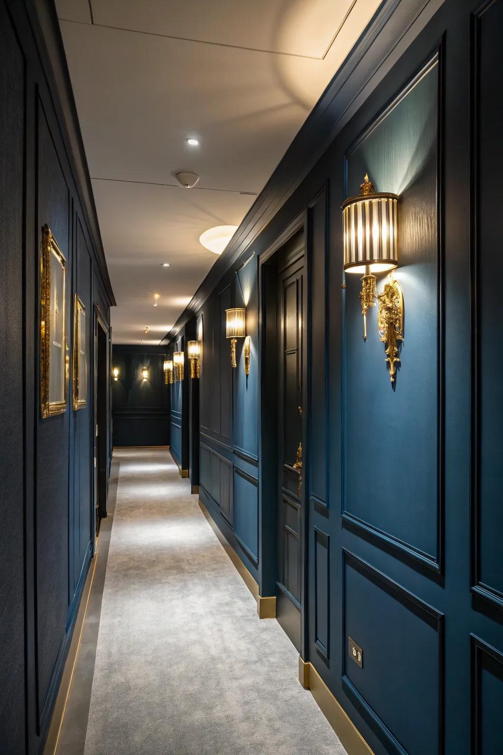 Gold accents bring a touch of luxury to a dark blue hallway.