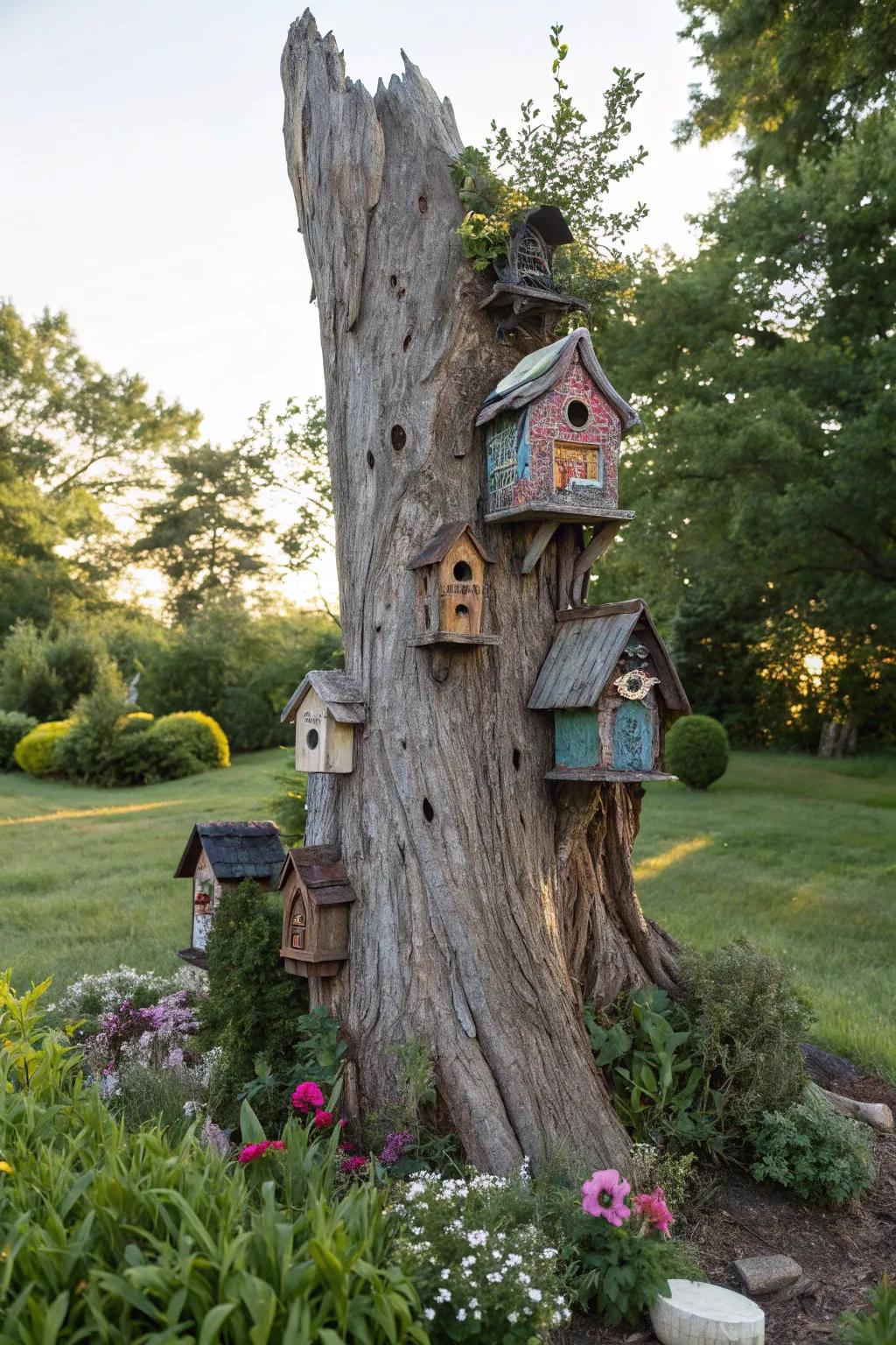 Transform a forgotten tree into a vibrant haven for feathered friends with handcrafted birdhouses.