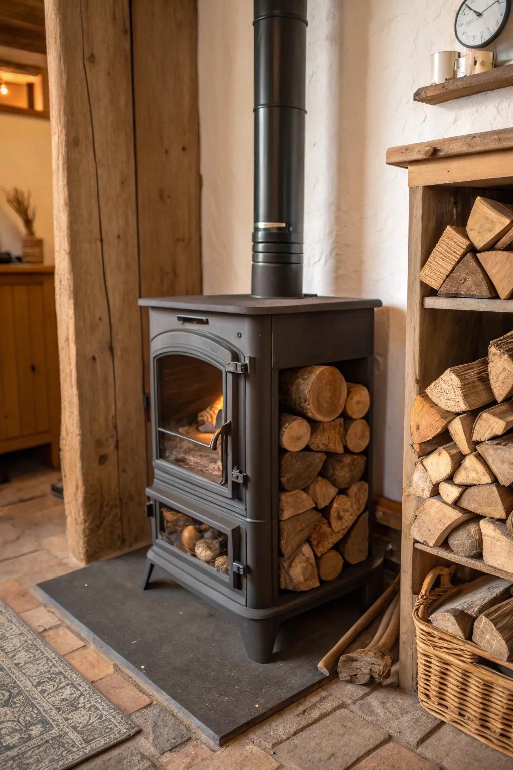 Neatly stacked logs in built-in storage add functionality and style.