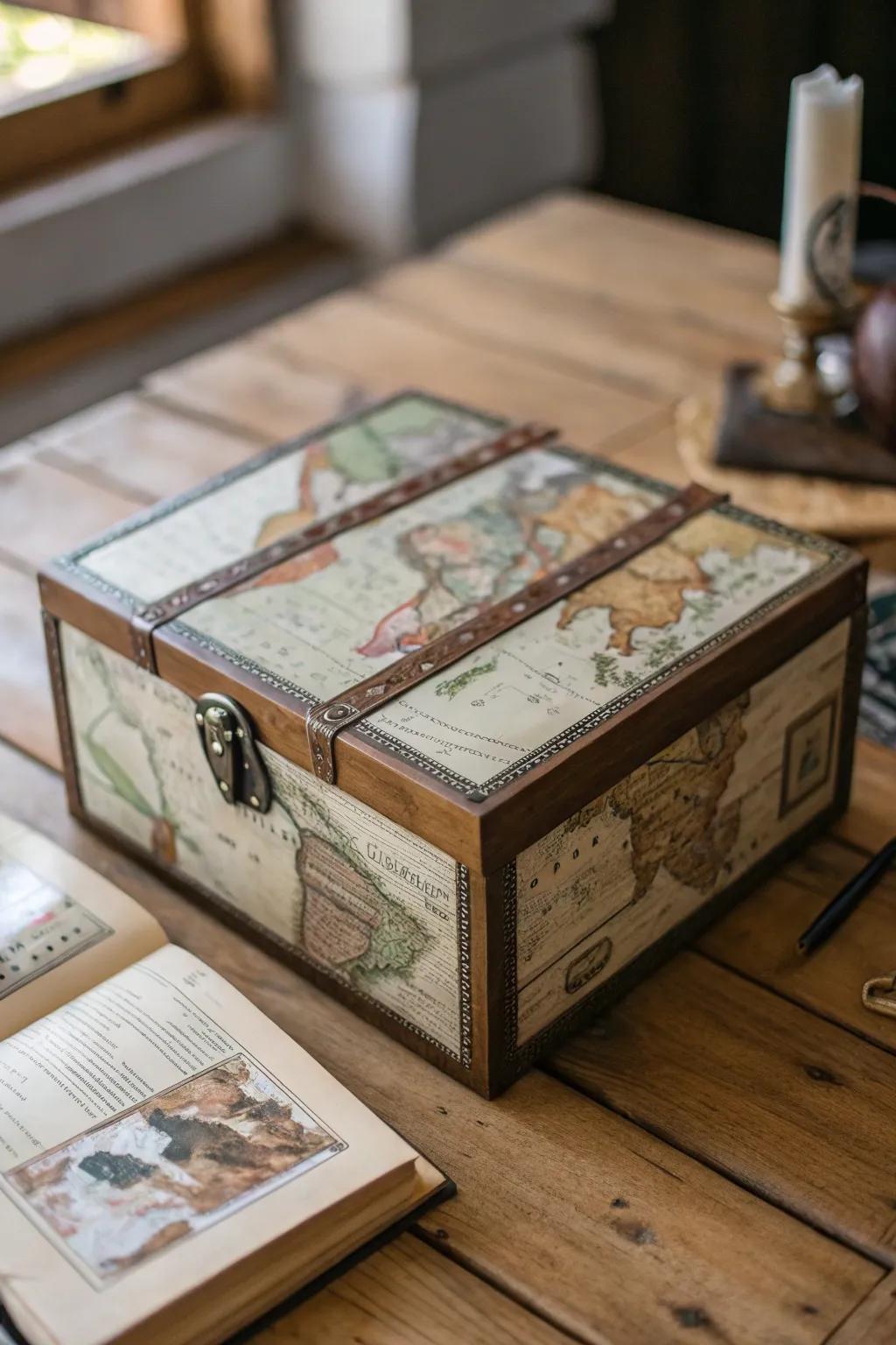 A travel-themed box using maps to hold cherished memories.