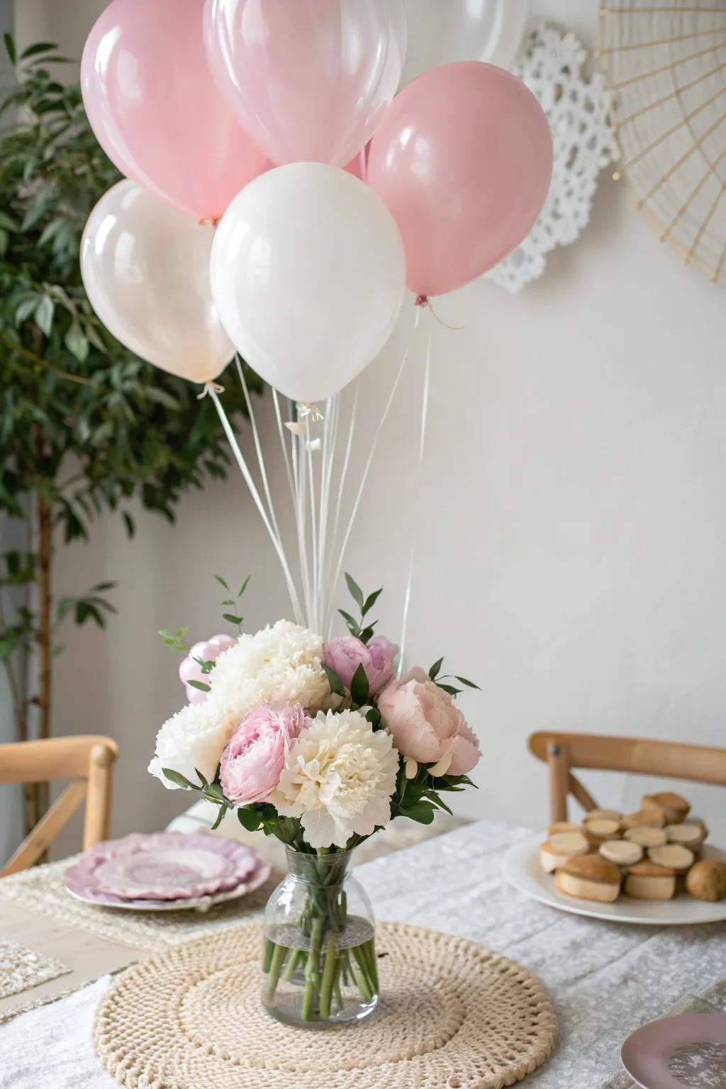 Elevate your celebration with this Balloon and Blossom Extravaganza centerpiece, where elegance meets festivity.