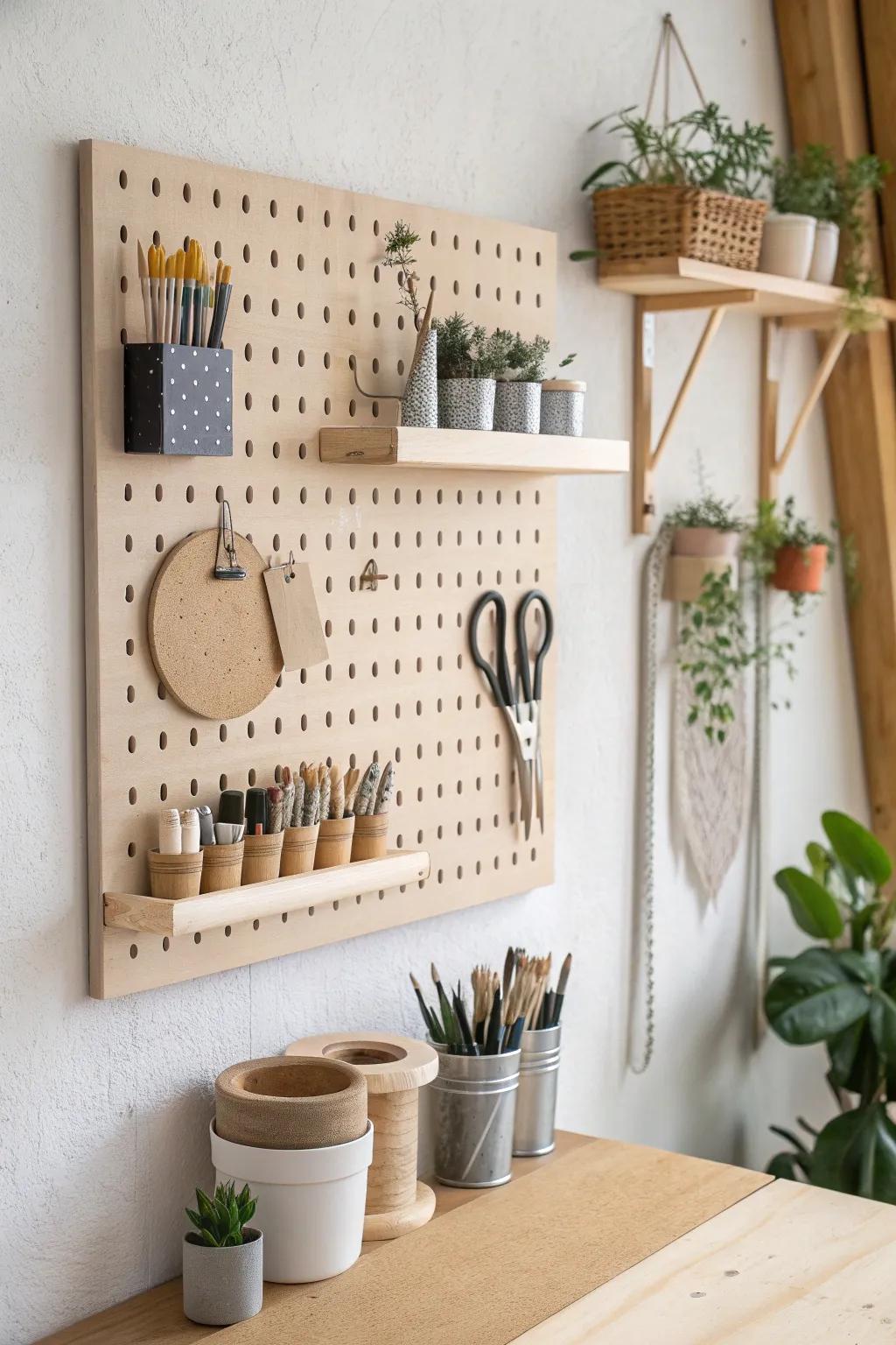 Transform your art space with a beautifully organized pegboard wall—where simplicity meets inspiration.