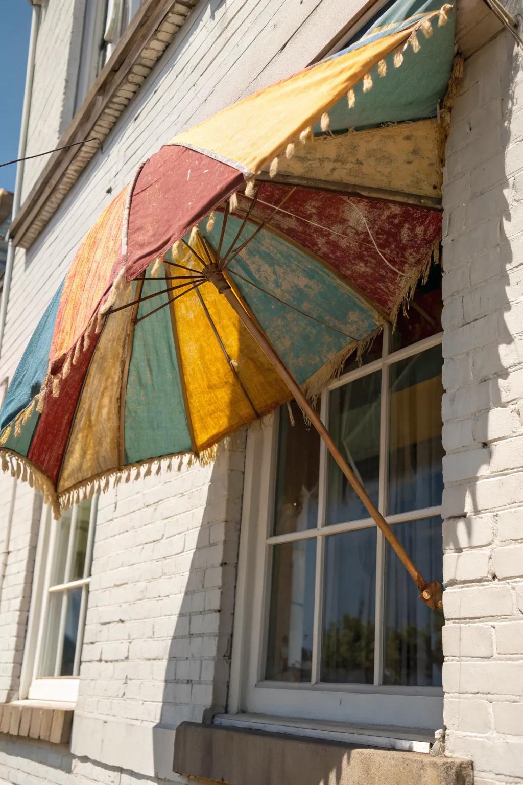 Transform your window with a touch of seaside nostalgia – an upcycled beach umbrella awning.