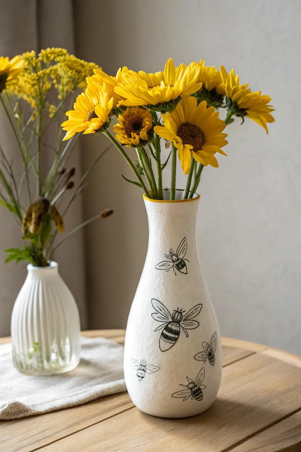 Embrace the charm of nature with this sunflower and bee vase – a perfect blend of simplicity and elegance.