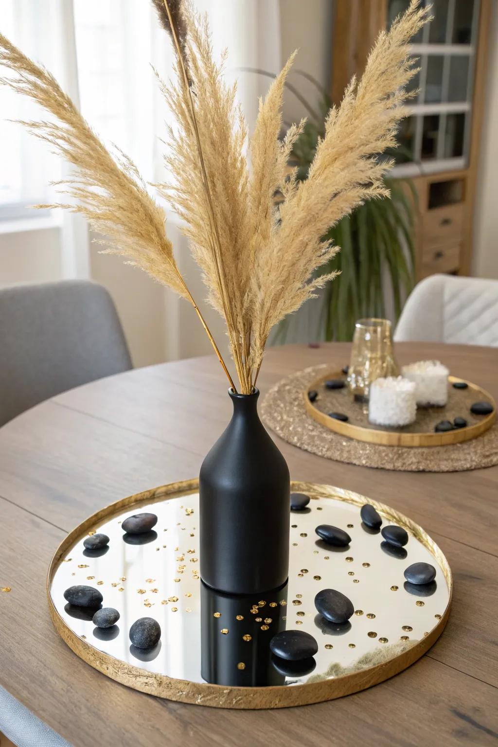 Reflective Elegance: Transform your table with a touch of magic using black and gold hues on a mirrored base. ✨ #DIYDecor #ScandinavianStyle #BohoChic