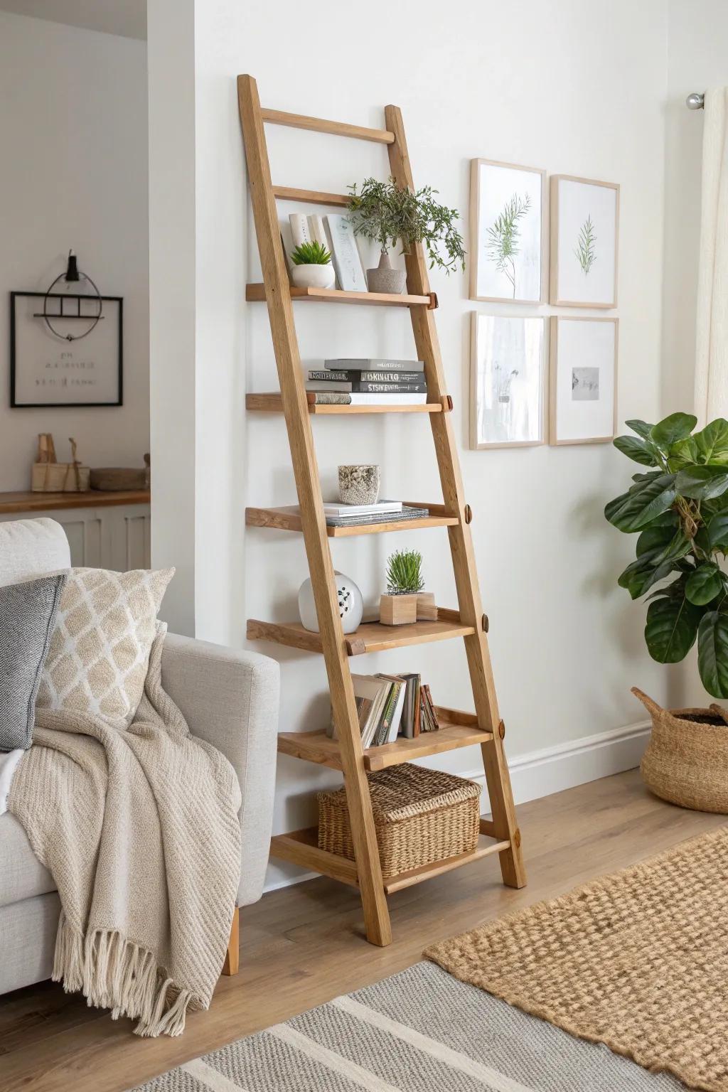 Elevate your space with a charming ladder bookshelf – where rustic elegance meets minimalist design.