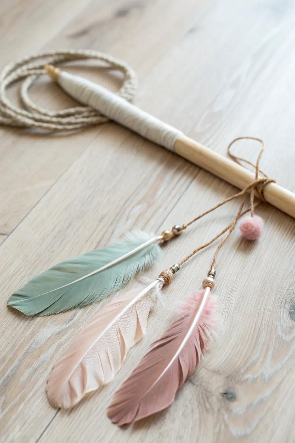 Simplicity meets playfulness: A handcrafted feather wand that delights both you and your feline friend.