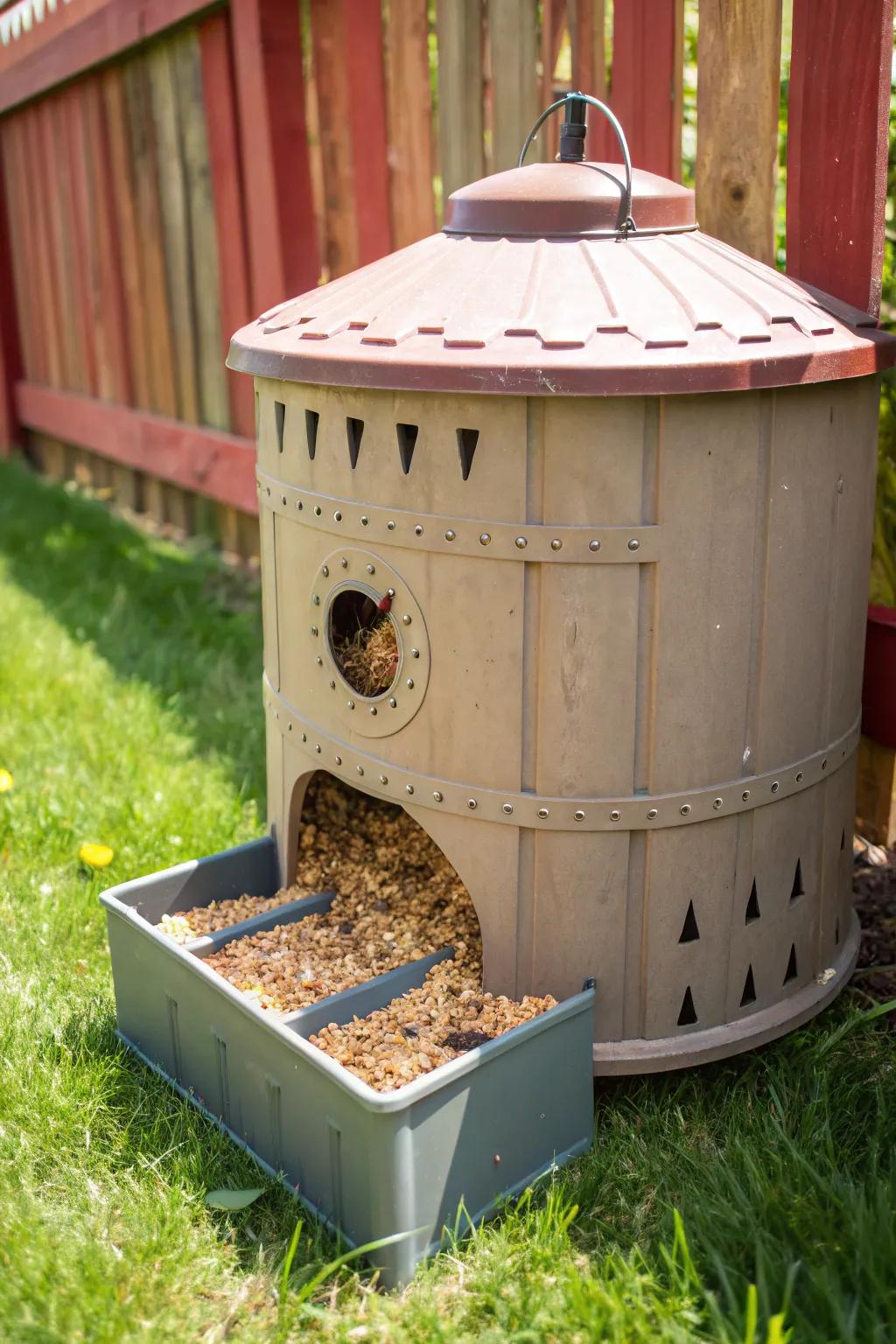 Turn your old storage container into a crafty chicken feeder masterpiece!