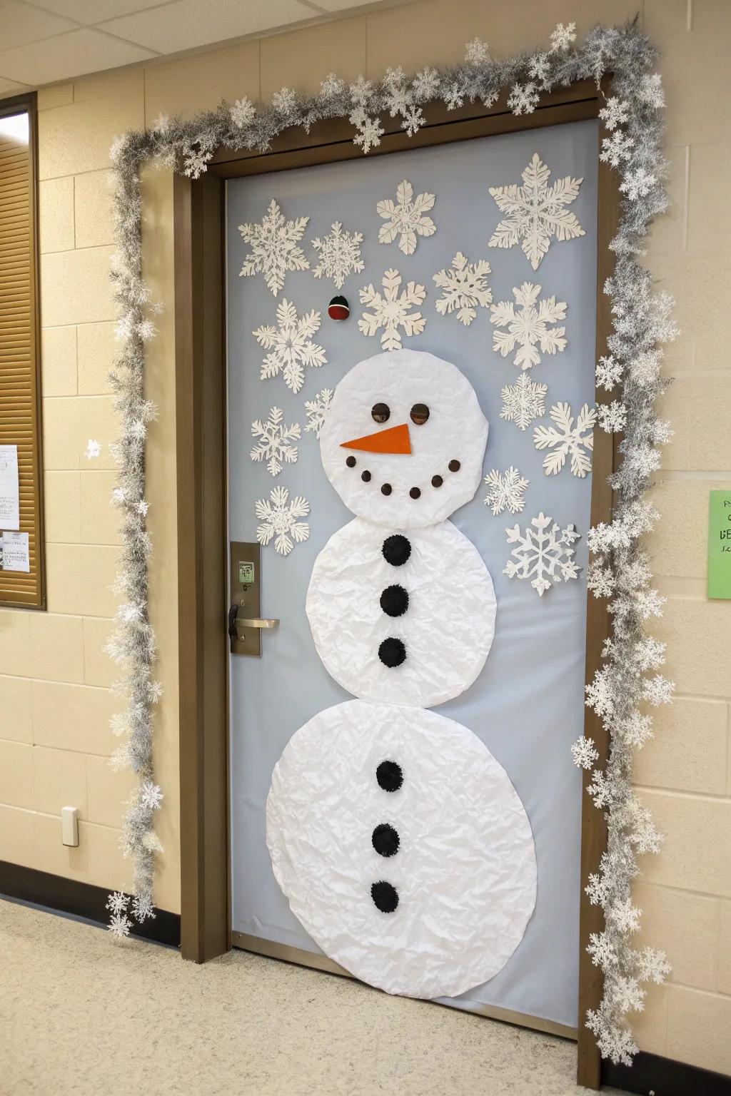 Transform your classroom door into a winter wonderland with this enchanting snowman design — where minimalism meets festive charm!