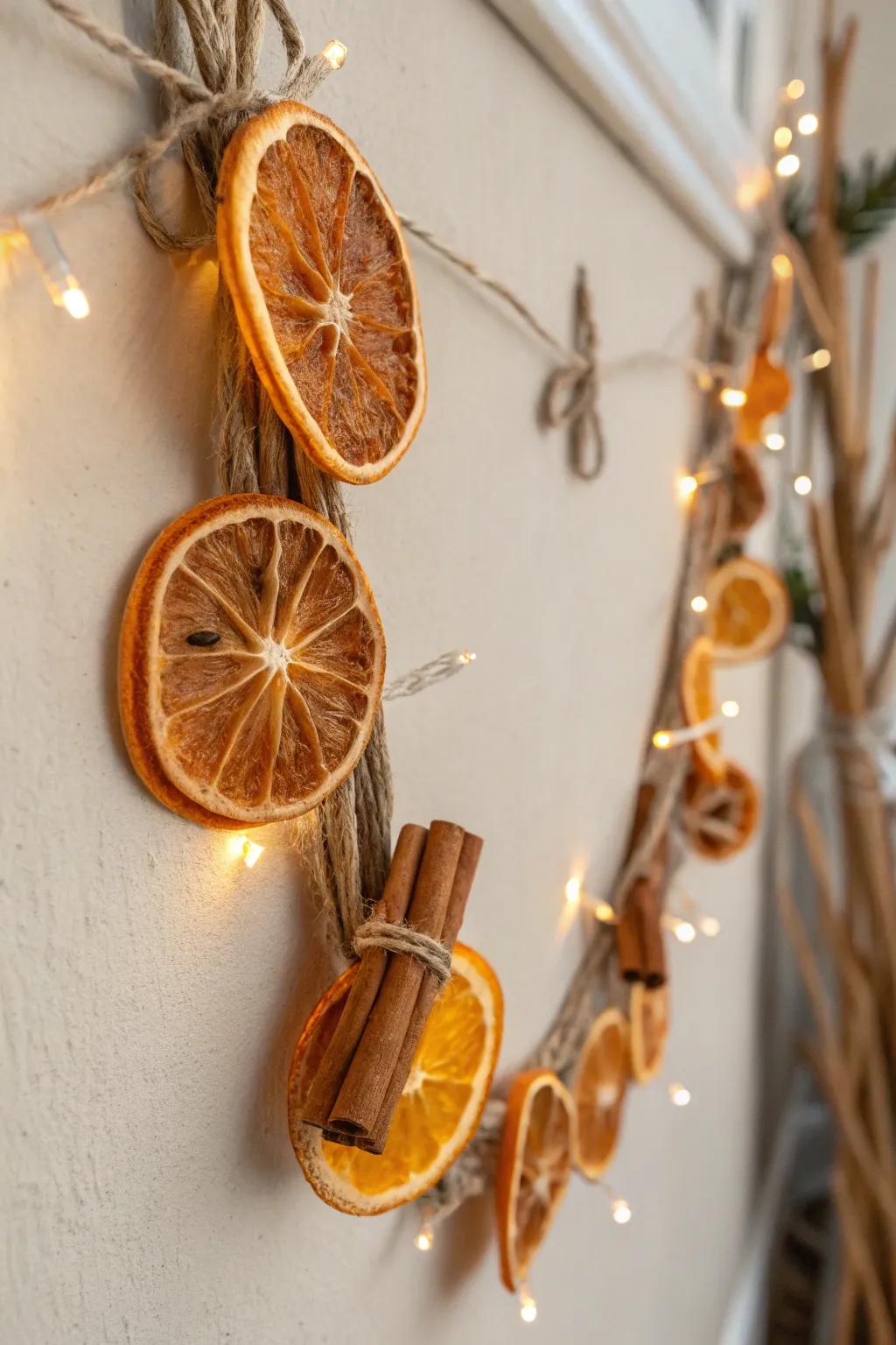 Add a touch of warmth and nostalgia to your home with this simple DIY garland made from dried oranges and cinnamon sticks.