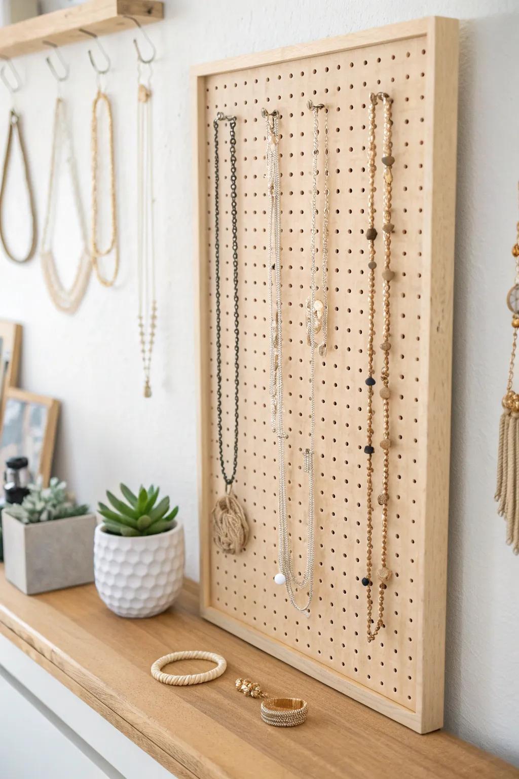 Transform your closet into a chic jewelry boutique with a minimalist pegboard display. #DIYDecor #ScandinavianStyle