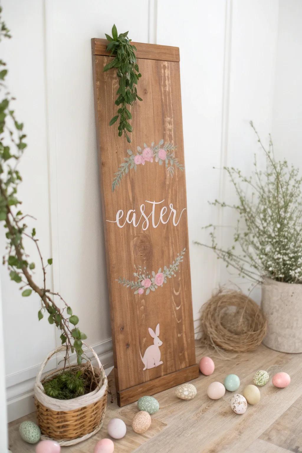 Embrace the warmth of Easter with a rustic wooden sign, a delightful blend of Scandinavian minimalism and Boho charm.