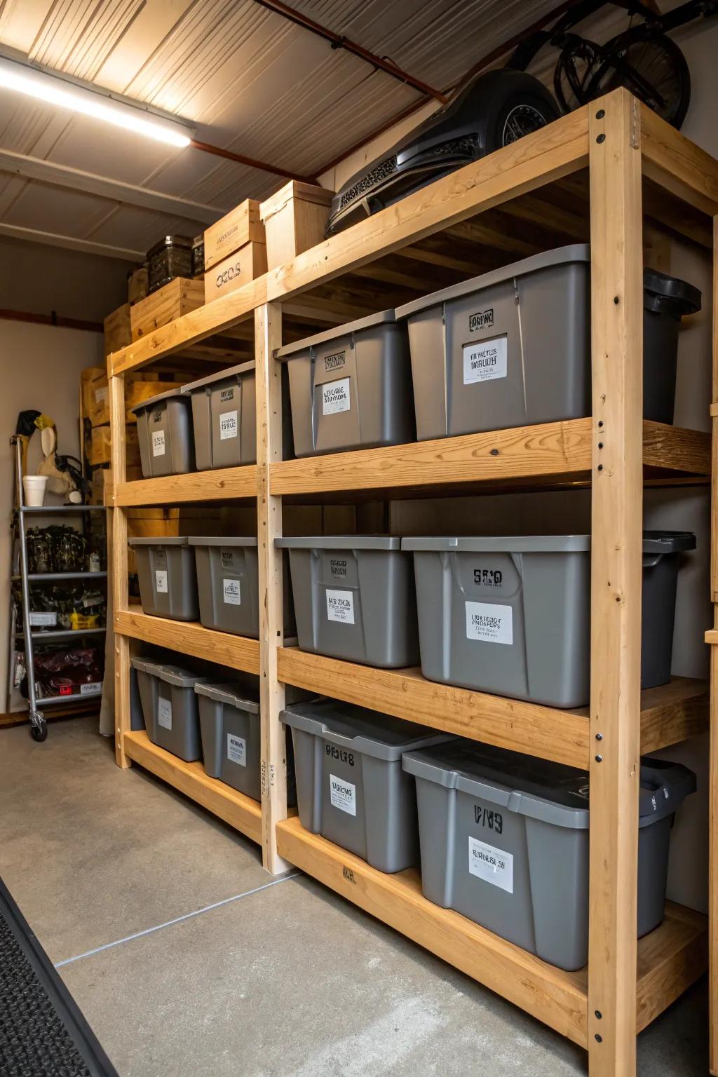 Elevate your garage organization with expertly crafted shelves and storage bins.