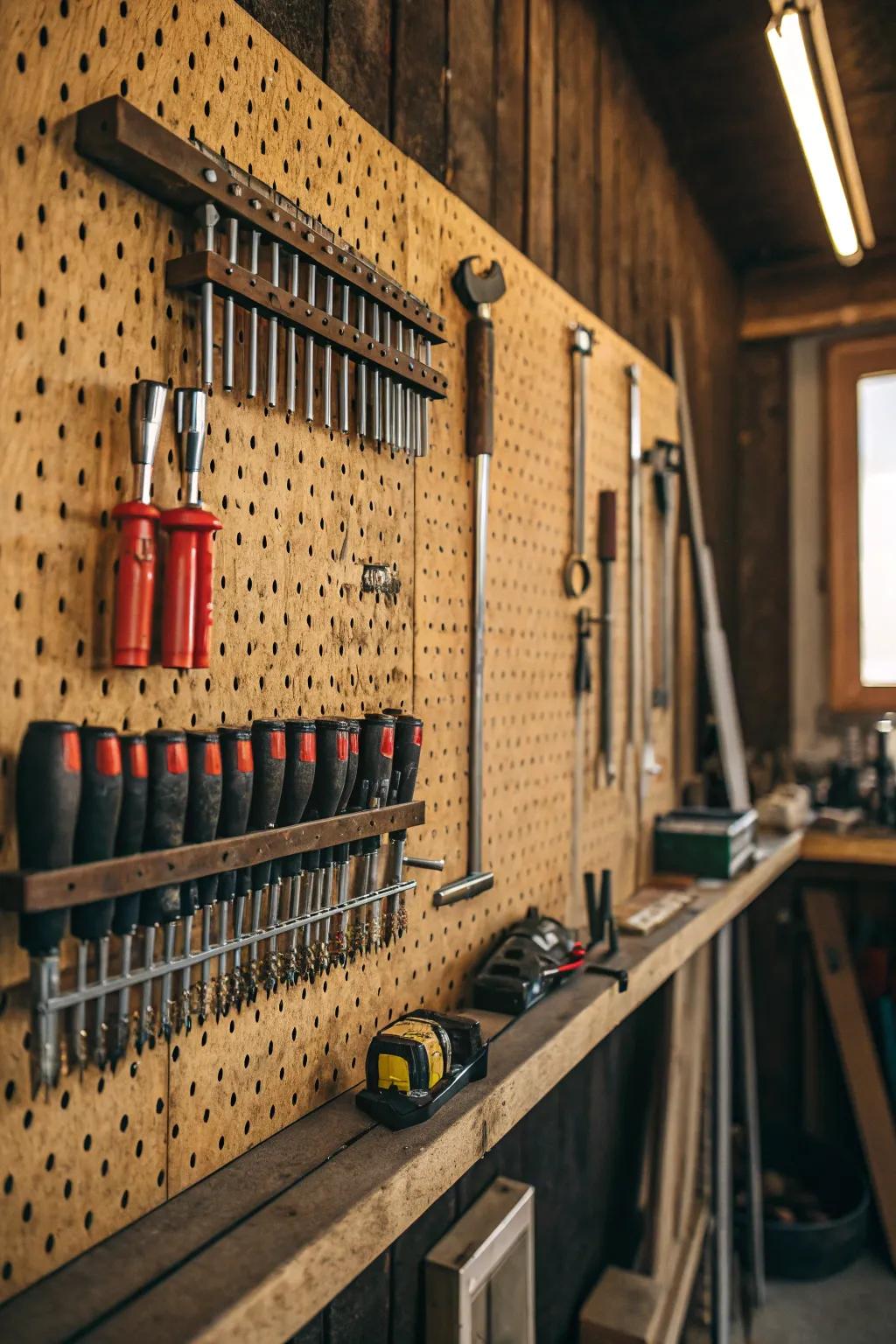 Transform your garage into an organized haven with a stylish pegboard arrangement.
